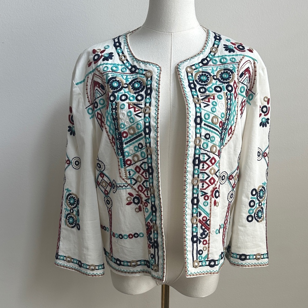 Embroidered Open Front Aztec Southwestern Blazer Jacket Women‎ L Maximalist